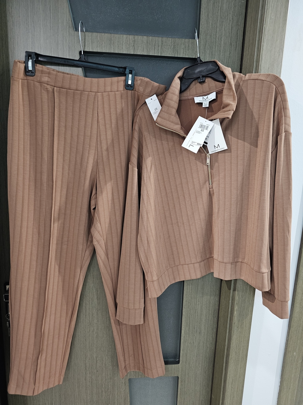 Magaschoni Womens Brown Ribbed Wide-Leg Pants & Zip-Neck Pullover Set XL